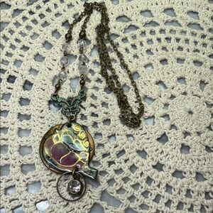Vintage-Inspired Multicolor enameled bird Pendant & glass beaded Necklace
